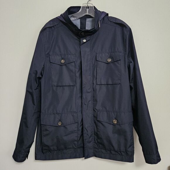 Original Navy Blue Windbreaker Parka Jacket Medium Zip Away Hood Lined Pockets - Picture 1 of 12
